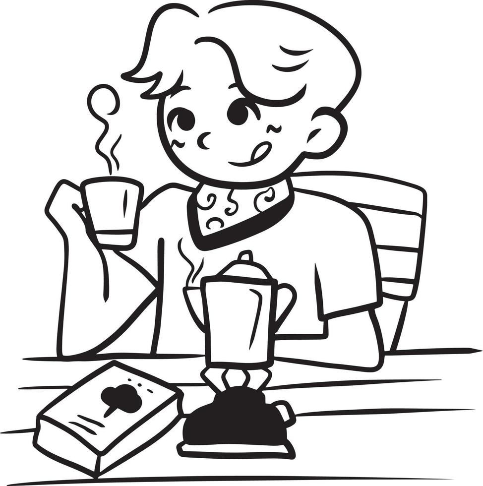 Mann Trinken Kaffee Karikatur Gekritzel kawaii Anime Färbung Seite süß Illustration Zeichnung Clip Kunst Charakter Chibi Manga Comic vektor