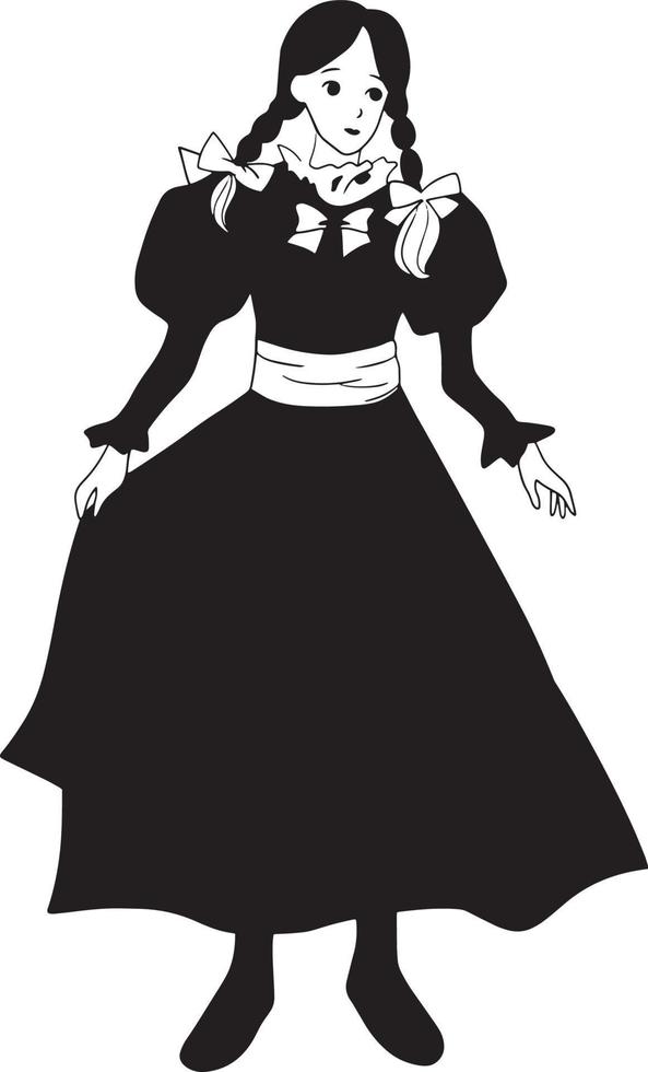 Frau schwarz Kleid Karikatur Gekritzel kawaii Anime Färbung Seiten süß Illustration Clip Art Charakter Chibi Manga Comic Zeichnung Schlittschuh Linie Kunst kostenlos herunterladen vektor