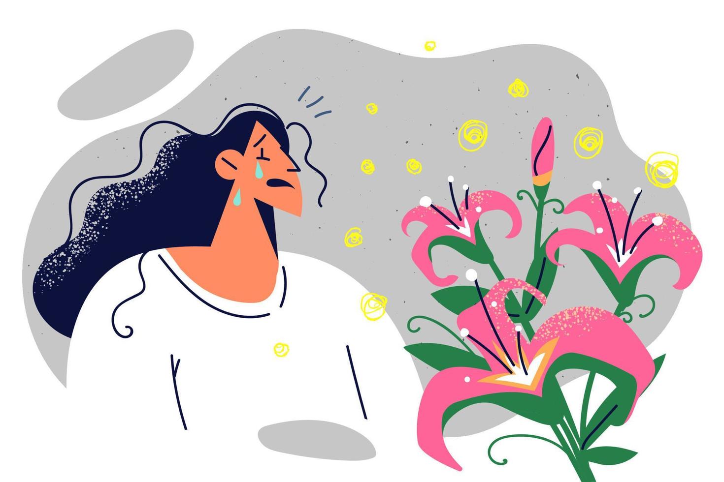krank Frau weint weil von Allergie Attacke fällig zu Blumen mit Pollen und scharf Geruch. Strauß von Lilien verursachen Allergie und Tränen im Mädchen Wer Bedürfnisse Drogen gegen allergisch Reaktion zu Pflanzen vektor