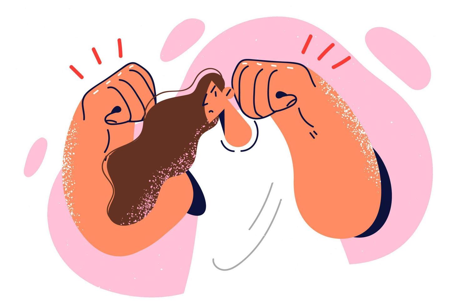 Frau steht im Pose Boxer, Zusammenpressen Fäuste zu Show Selbstvertrauen und Fähigkeit zu Streit. Mädchen Boxer mit Negativ Ausdruck auf Gesicht, ohne Handschuhe auf Fäuste will zu Kampf zu verteidigen Meinung vektor