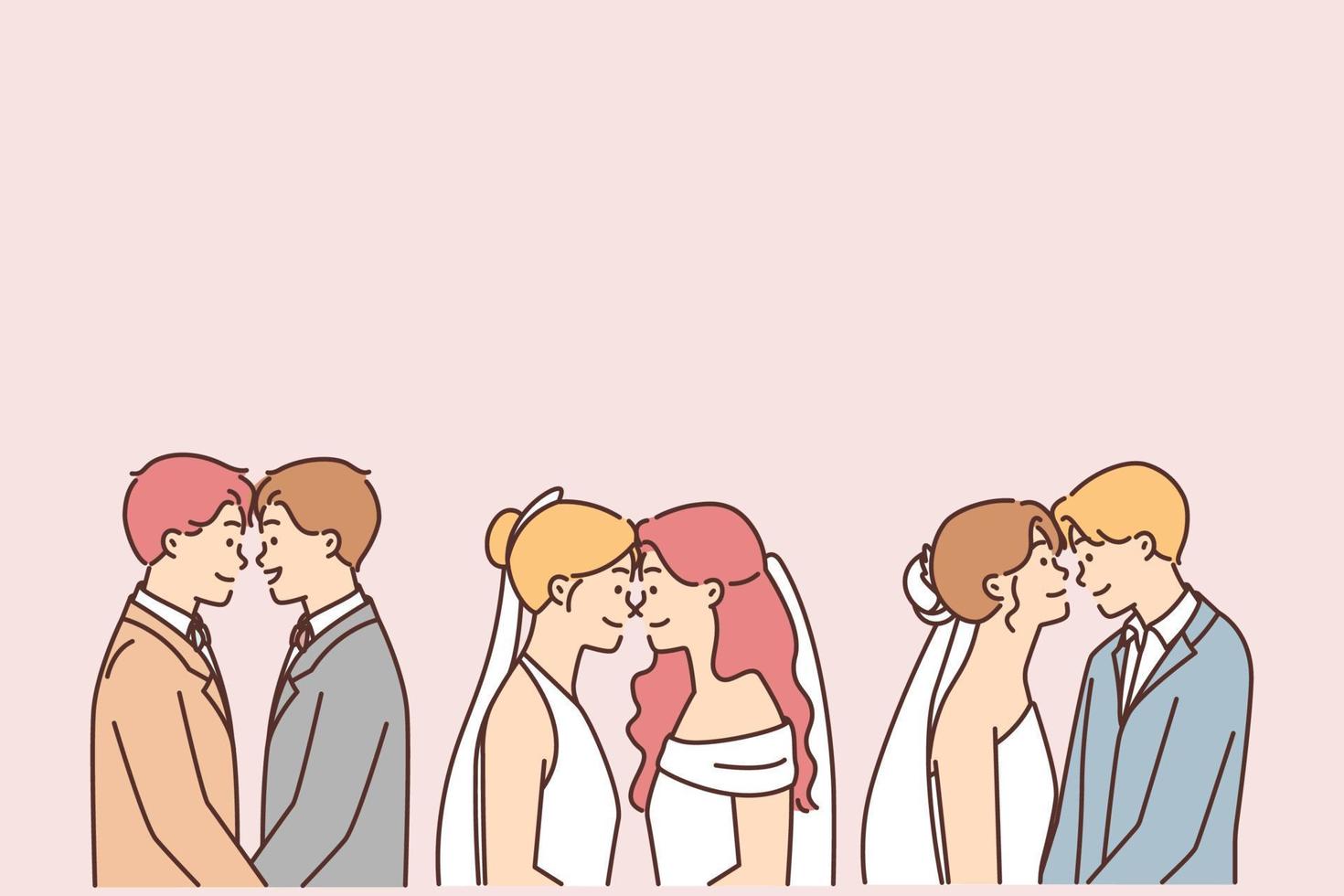 Variable Hochzeit, Illustration Satz. eben Vektor Lager Illustration. lgbtq Lesben und Fröhlich Hochzeit. anders Ethnos. lgbt Bräutigam, Braut. Sexual- Orientierung. Vektor Grafik