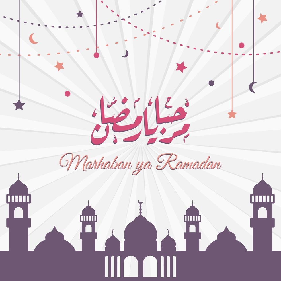 Marhaban ya Ramadhan Banner mit Kalligraphie, Moschee auf Pastellfarbe geeignet für Grußkarten, Flyer, Poster, Cover, Web, Social Media Post oder Geschichten vektor