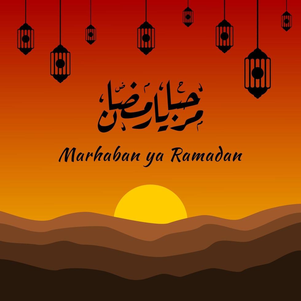 Marhaban ya Ramadhan Banner mit Kalligraphie, Moschee, Laterne geeignet für Grußkarten, Flyer, Poster, Cover, Web, Social Media Post oder Geschichten vektor