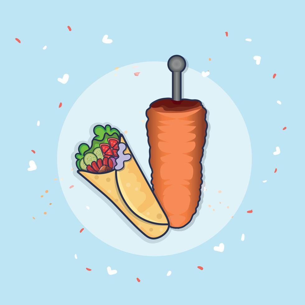 shawarma donner kebab, premie illustration utsökt asiatisk mat klämma konst med modern bakgrund. bäst utsökt shawarma vektor med hög kvalitet donner kebab illustration.