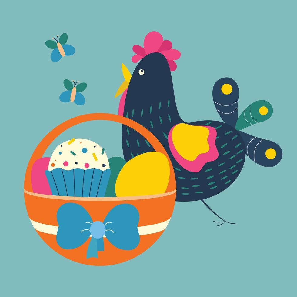 påsk korg med ägg, rosett och cupcake, rolig fågel, kyckling. vektor