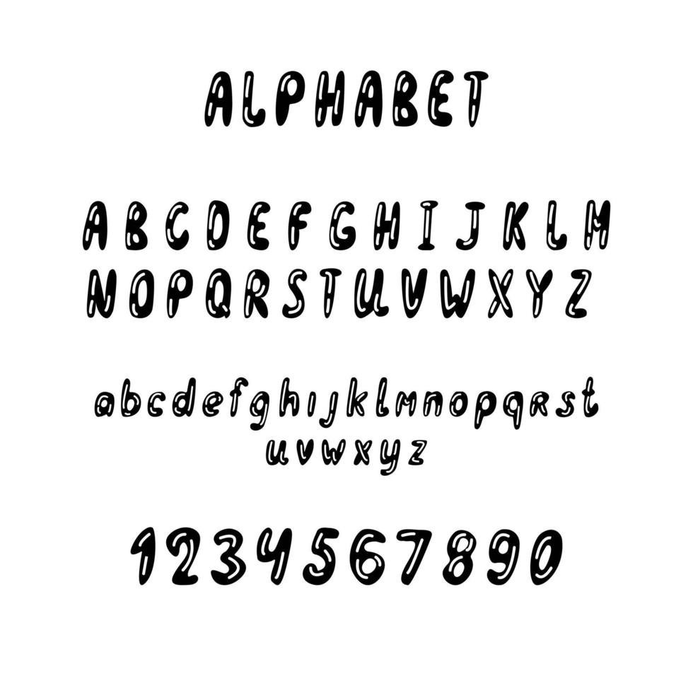 handritad tecknad alfabet, bokstäver och siffror på vit bakgrund, vektorillustration vektor