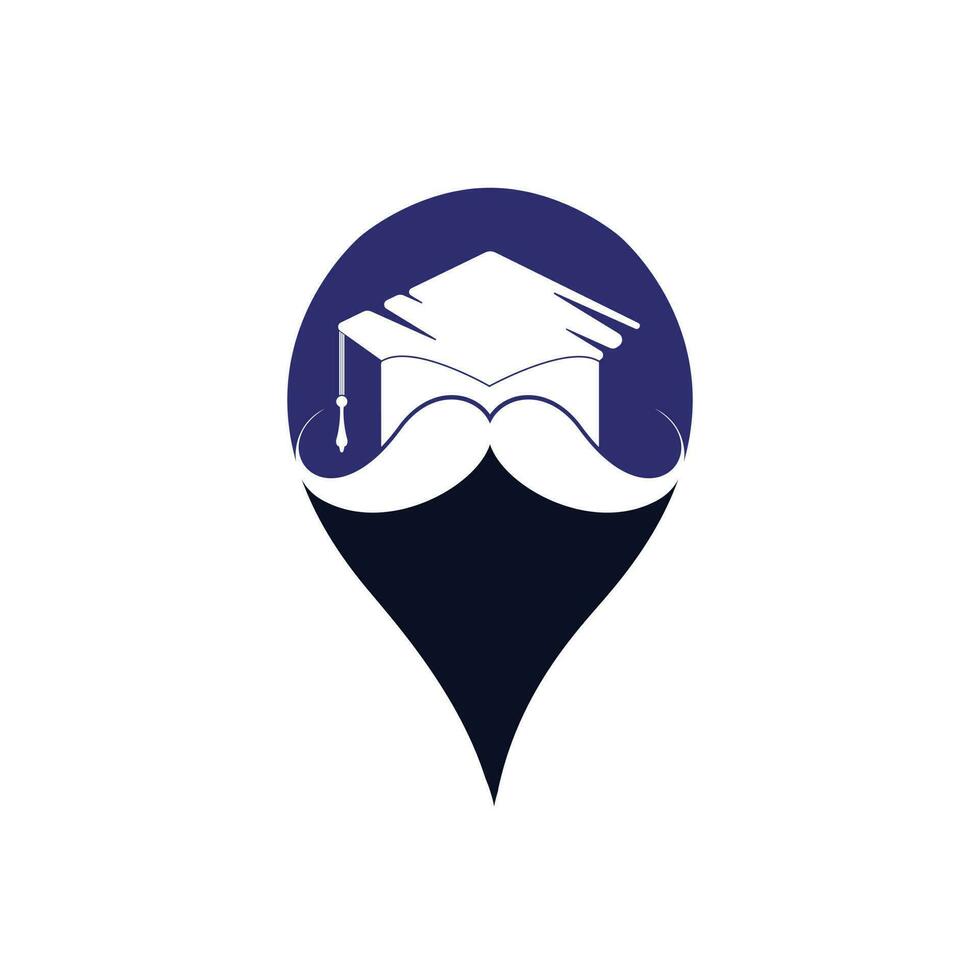 stark utbildning logotyp design mall. hatt gradering med mustasch och gps stift ikon design. vektor