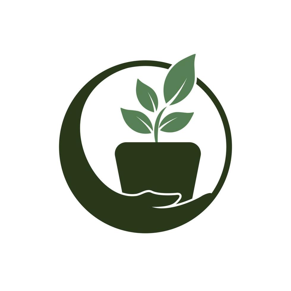 Blume Topf im Hand Vektor Logo Design. Garten Pflege Logo Design Konzept.