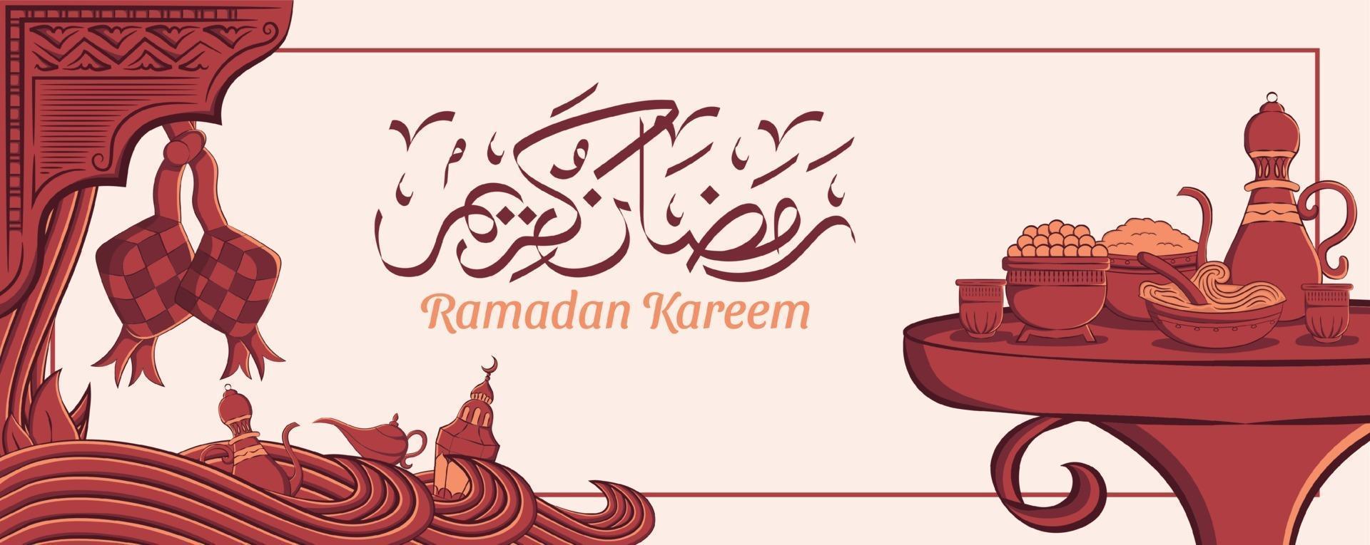 ramadan kareem banner med handritad islamisk illustration prydnad på vit bakgrund. vektor