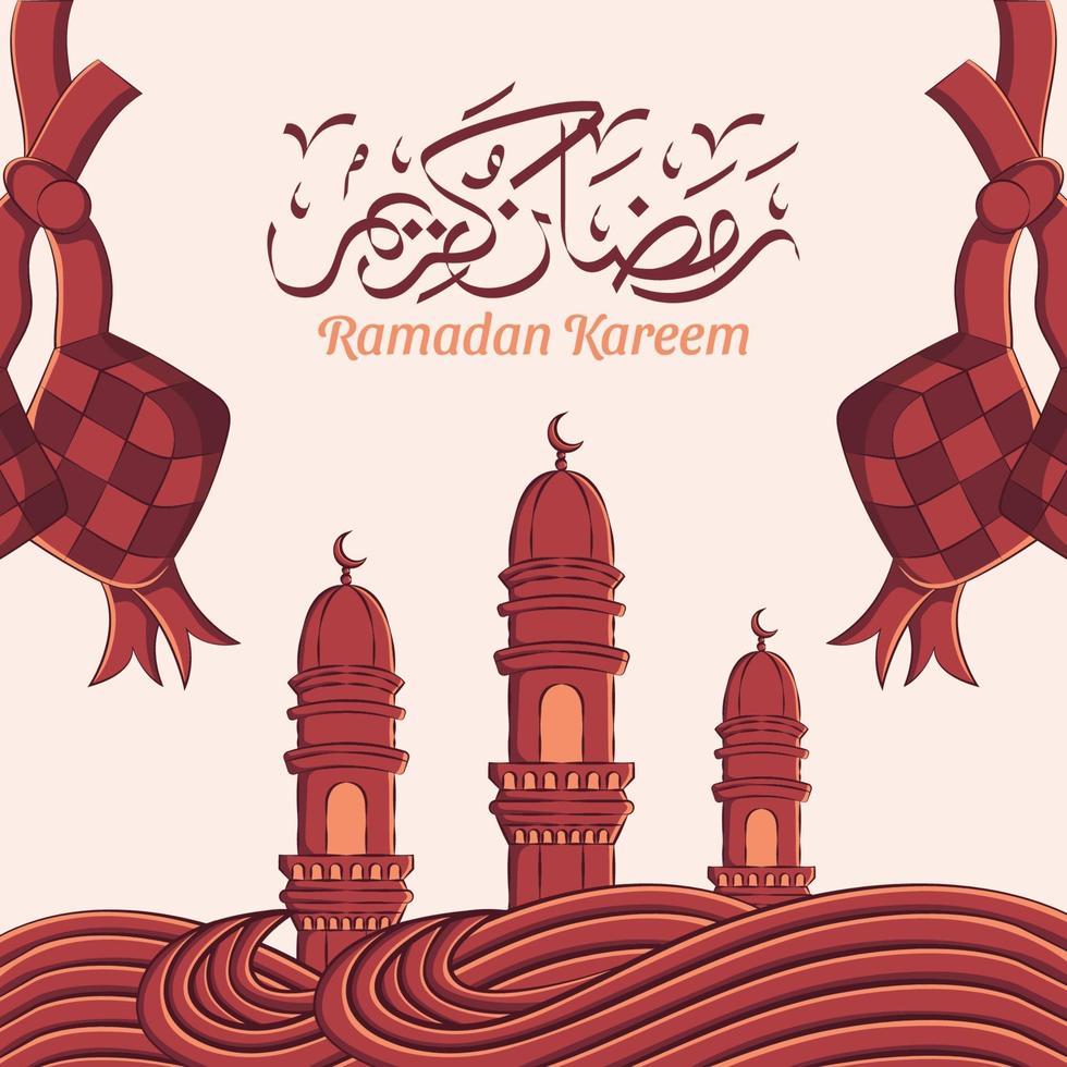 Hand gezeichnete Illustration des Ramadan Kareem oder Eid Mubarak Grußkonzepts im weißen Hintergrund. vektor