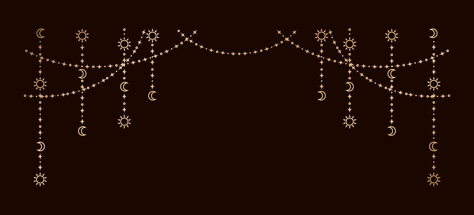 guld mystiker himmelsk hängande krans med Sol, stjärnor, måne faser, halvmånar. utsmyckad bohemisk magisk ridå dekorativ element vektor