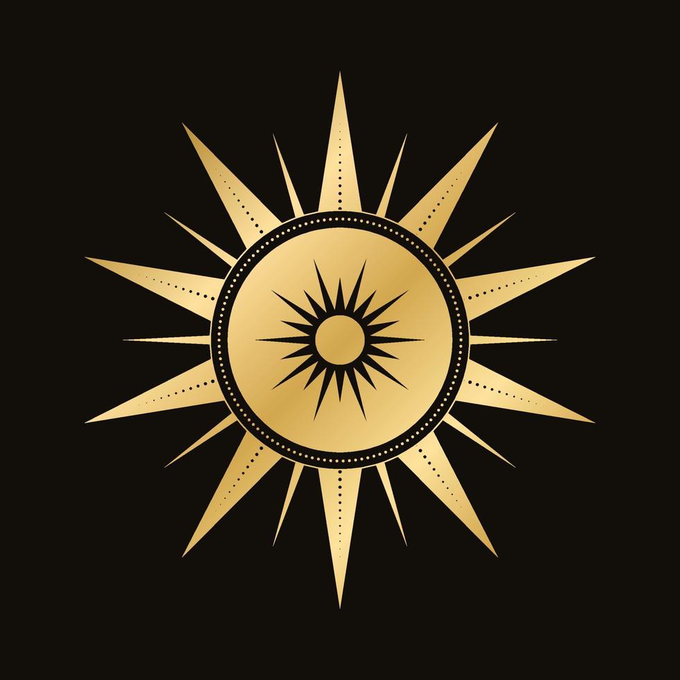 Gold himmlisch Sonne Vektor Illustration. Bohemien Mystiker Symbol. Magie Talisman, Stammes- Stil, Boho, Tätowierung, Kunst drucken, Tarot