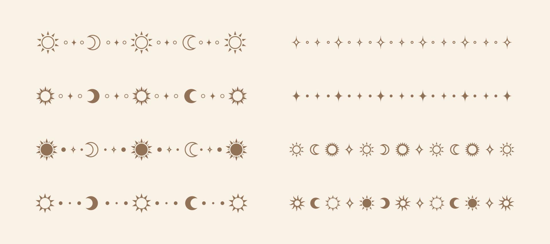 himmelsk mystiker separator uppsättning med Sol, stjärnor, måne faser, halvmånar. utsmyckad boho magisk delare dekorativ element vektor