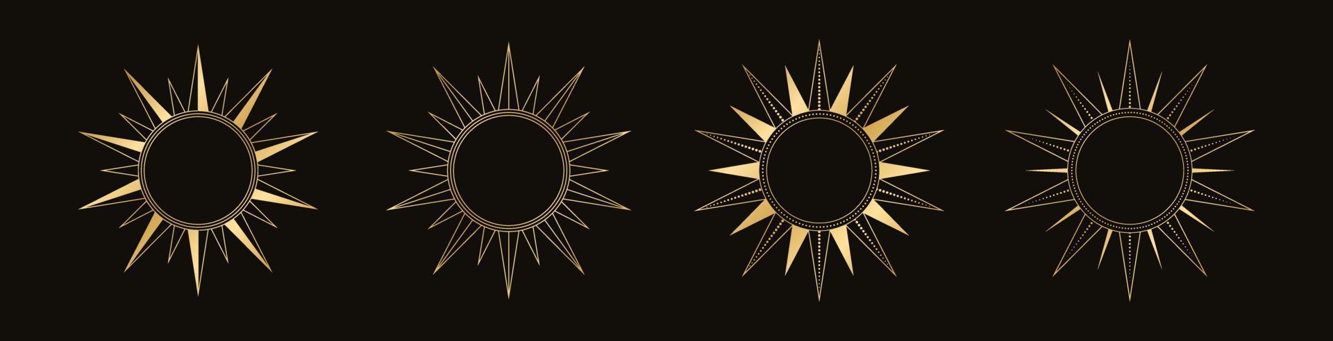 guld himmelsk Sol ramar vektor illustration uppsättning. bohemisk mystiker symbol. magi talisman, stam- stil, boho, tatuering, konst skriva ut, tarot