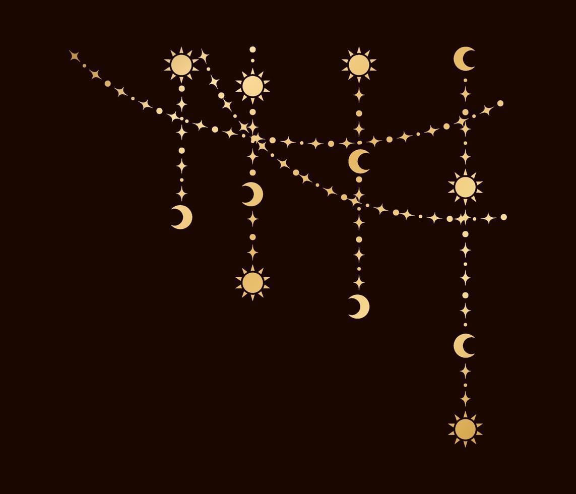 Gold Mystiker himmlisch hängend Girlande Rahmen Ecke mit Sonne, Sterne, Mond Phasen, Halbmonde. aufwendig Bohemien magisch Vorhang dekorativ Element vektor