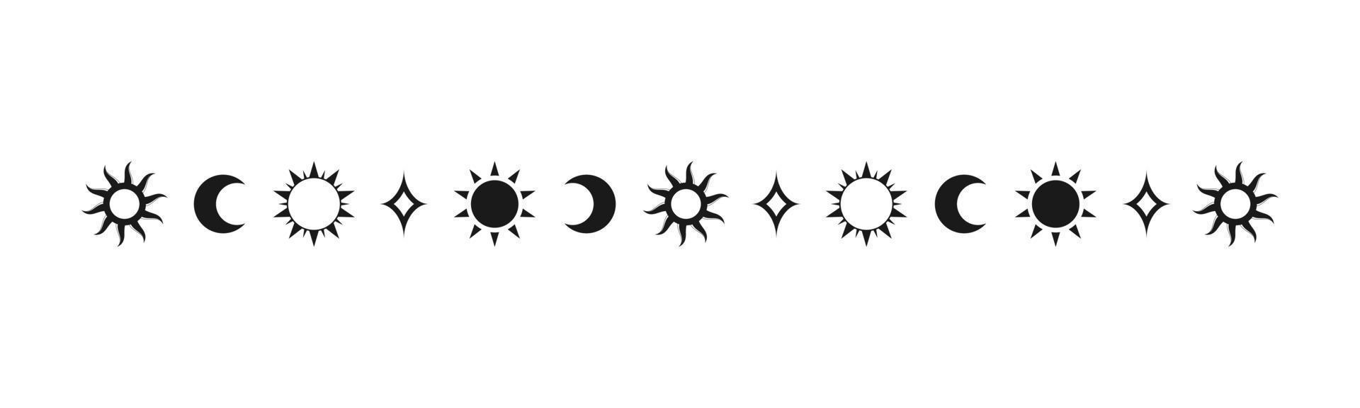 himmelsk mystiker separator med Sol, stjärnor, måne faser, halvmånar. utsmyckad boho magisk delare dekorativ element vektor