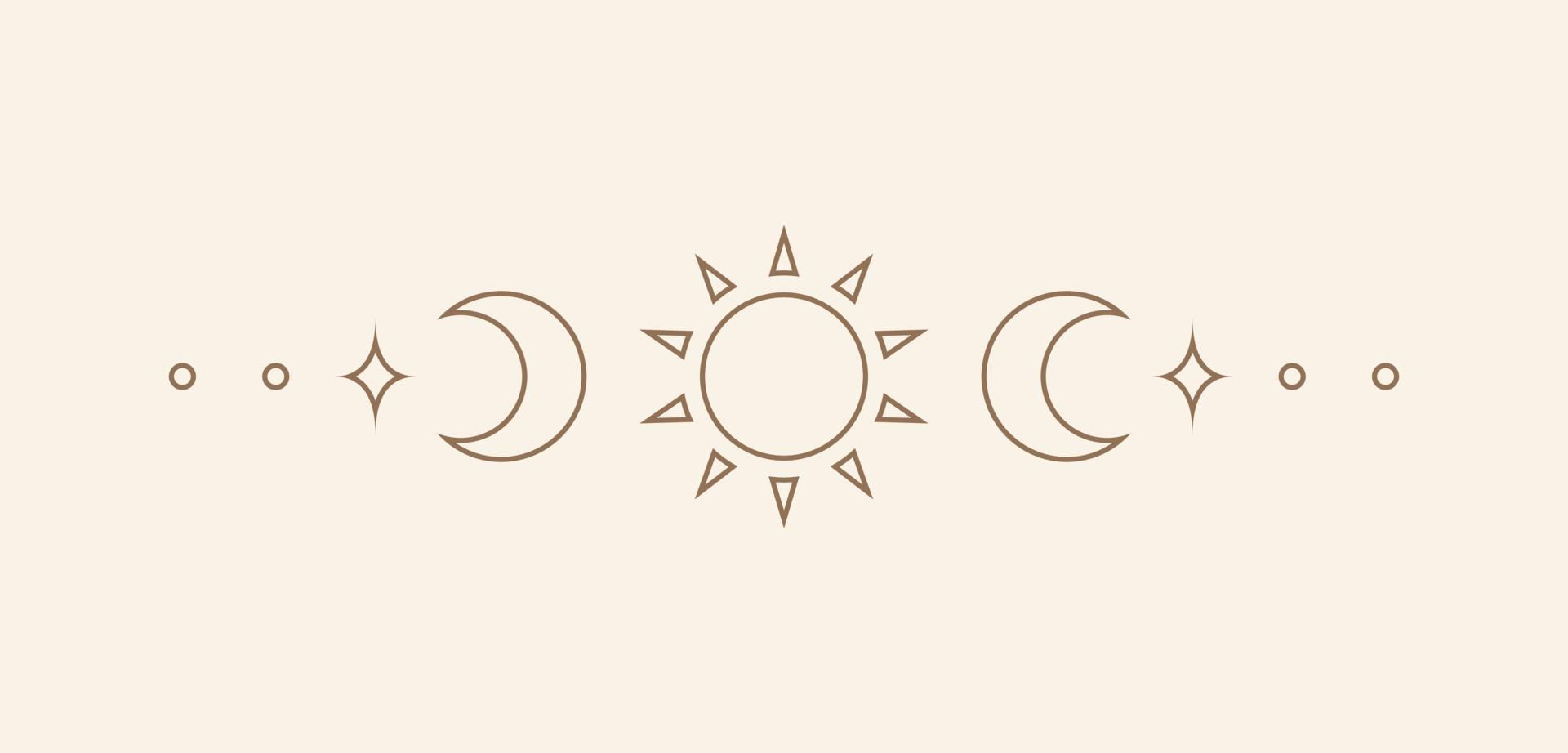 himmelsk text delare med Sol, stjärnor, måne faser, halvmånar. utsmyckad boho mystiker separator dekorativ element vektor