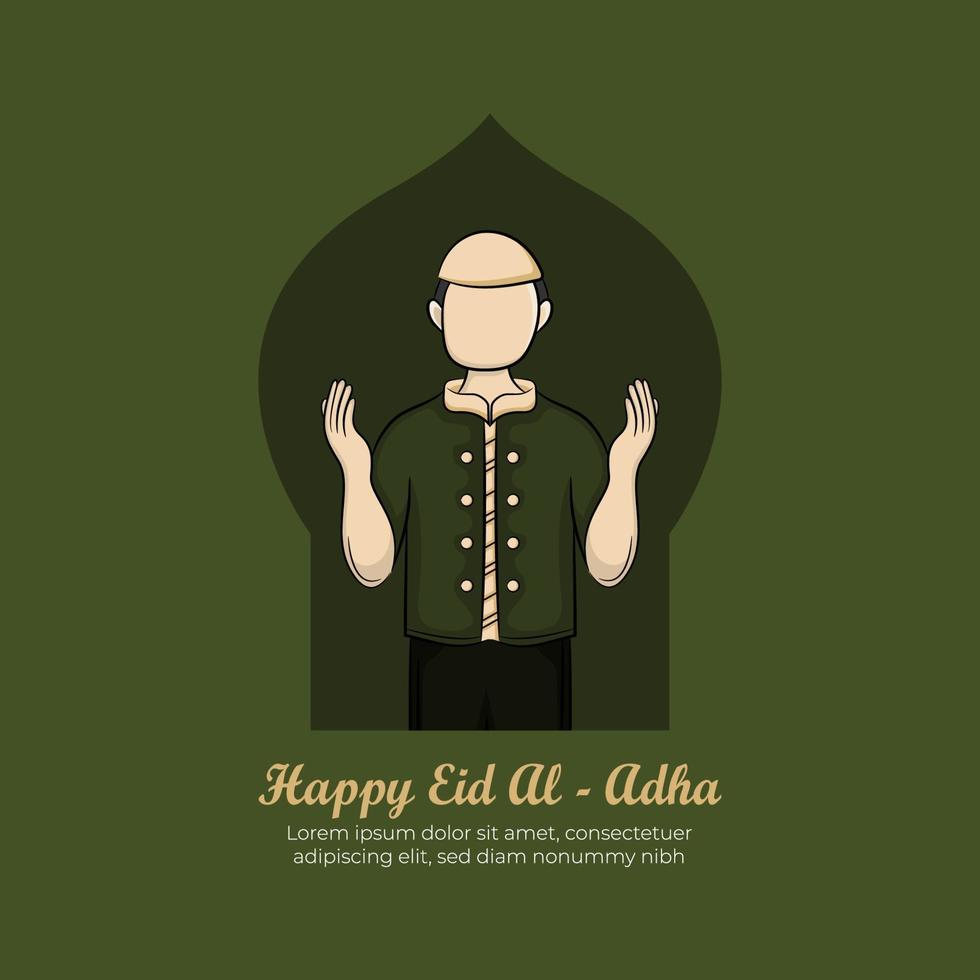 eid al-adha gratulationskort med handritade muslimer på grön bakgrund. vektor