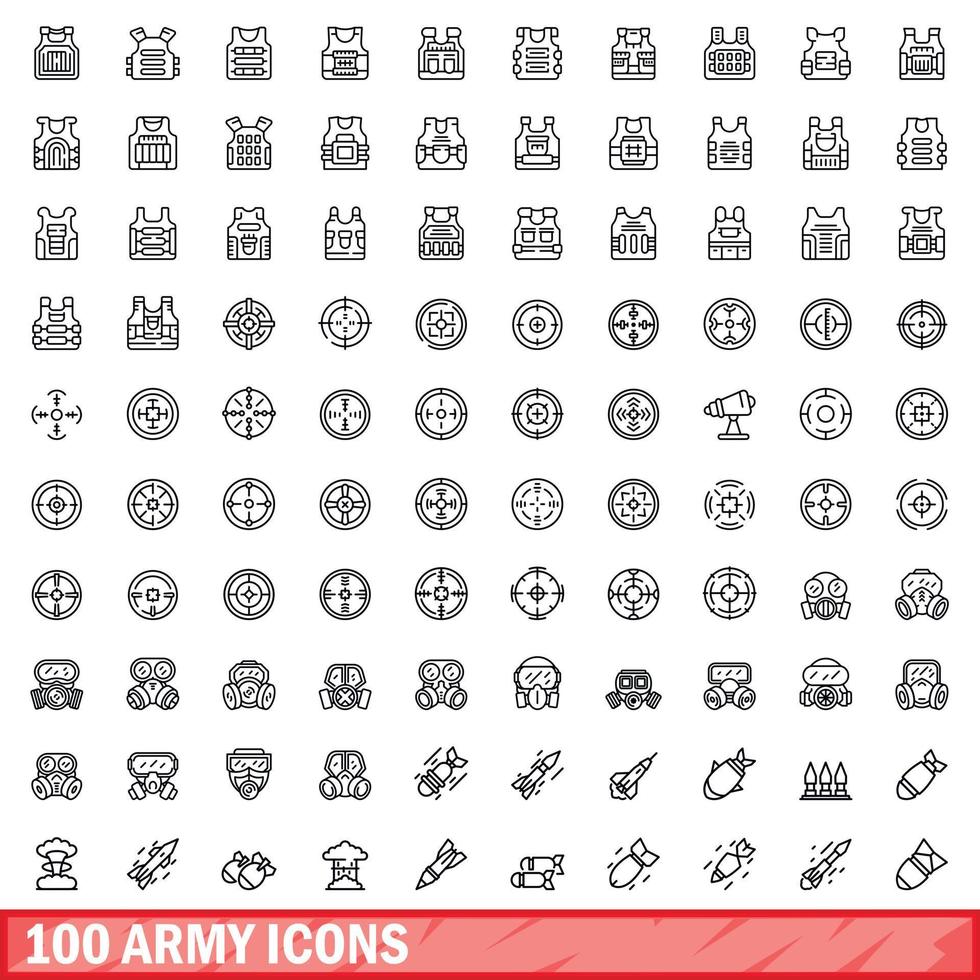 100 arméikoner set, konturstil vektor