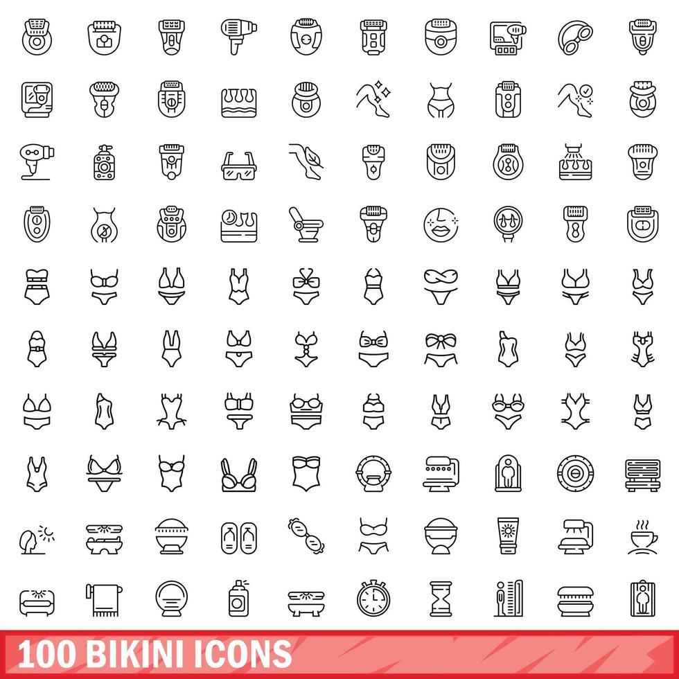 100 bikini ikoner uppsättning, översikt stil vektor