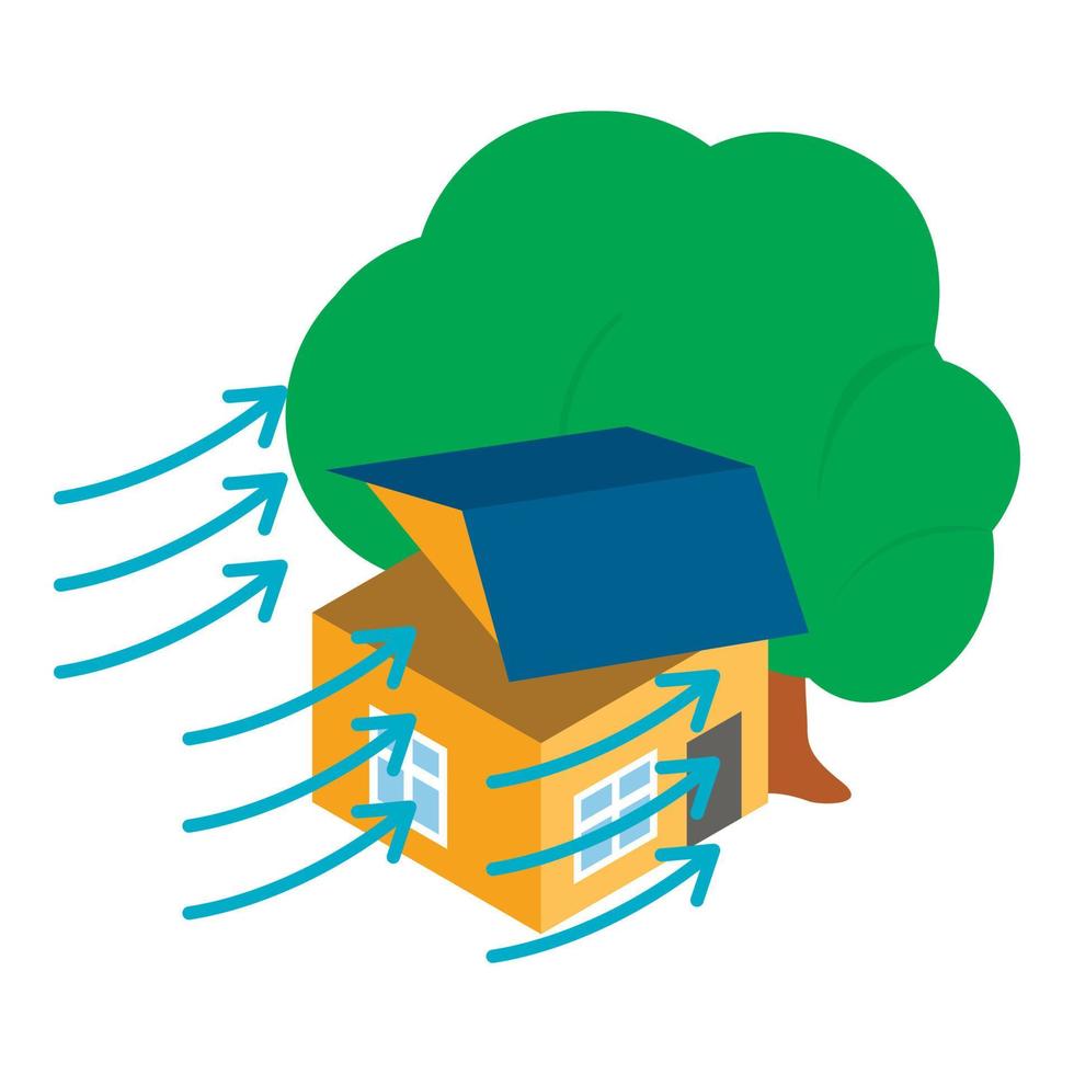 starker Wind Symbol isometrischer Vektor. starker wind bläst dach des wohngebäudes vektor