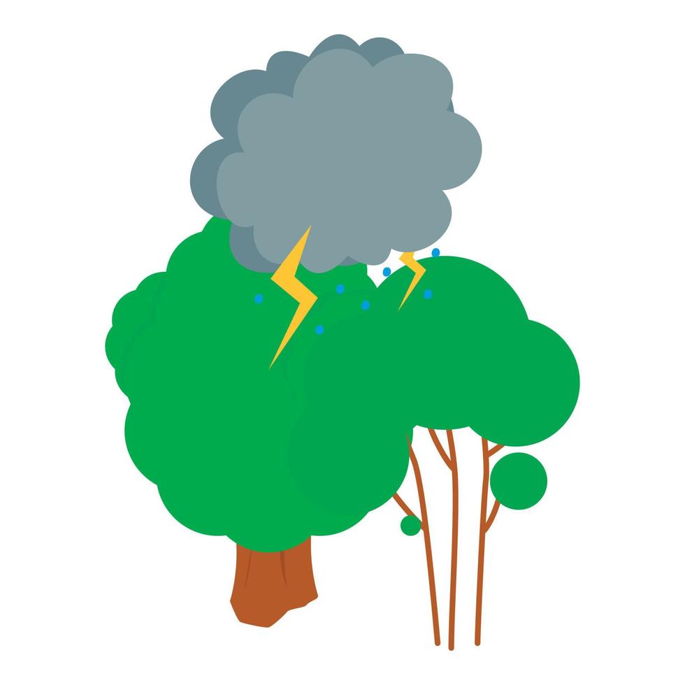 Gewitter Symbol isometrisch Vektor. Gewitterwolke Regen und Blitz Über Wald vektor