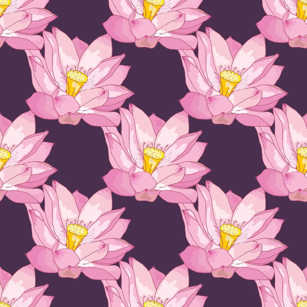 Vektor nahtloses Muster von Lotusblumen, zarte rosa Farben auf einem dunklen lila Hintergrund