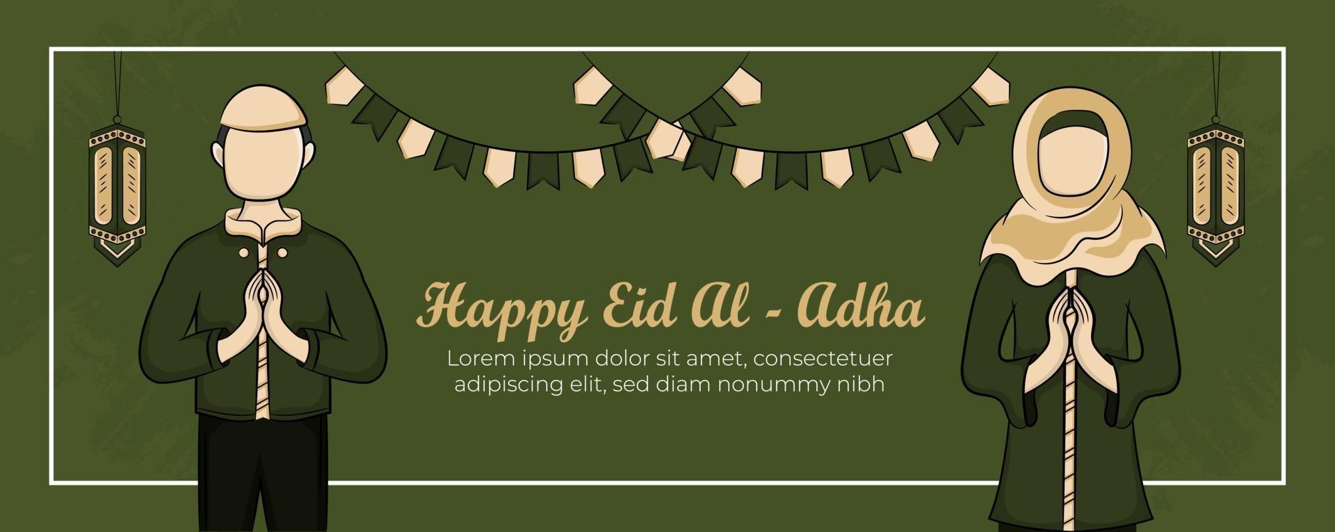 eid al-adha banner mall med handritade muslimer, moské, lykta och islamisk prydnad i grön bakgrund. vektor