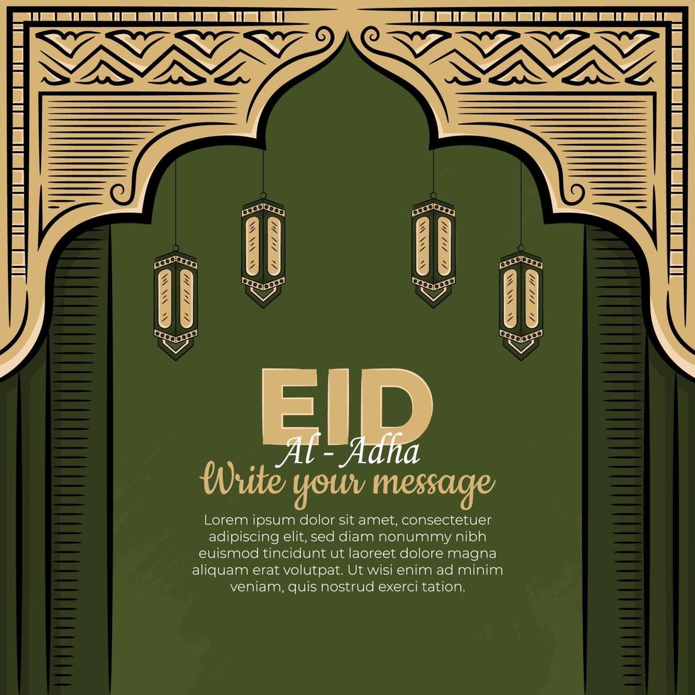 eid al-adha Grußkarten mit handgezeichneter Laterne im grünen Hintergrund. vektor
