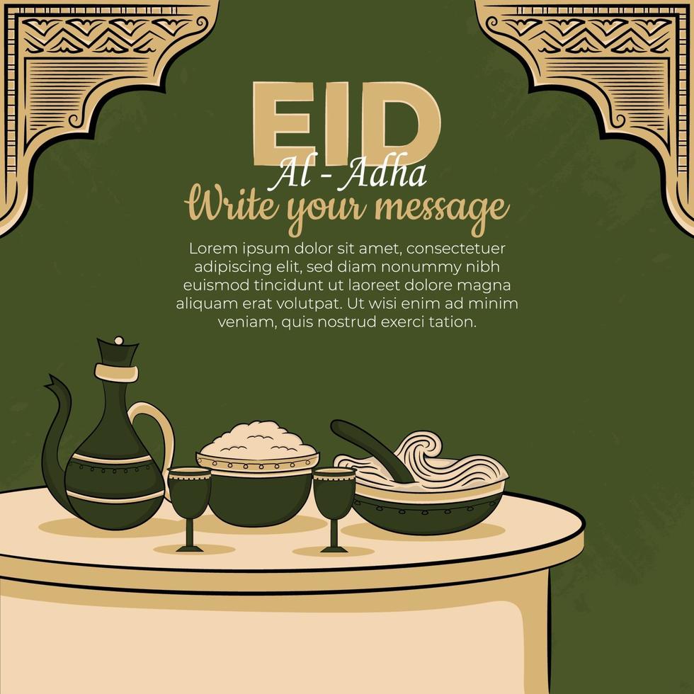 eid al-adha gratulationskort med handritad muslimsk mat och islamisk prydnad i grön bakgrund. vektor