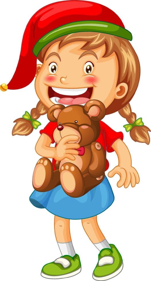 söt flicka som bär julhatt och håller nallebjörnen på vit bakgrund vektor