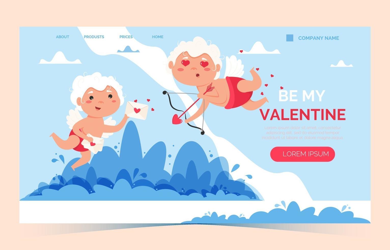 Valentinstag Amor Liebe Engel Landing Page. süßer Junge oder Mädchen Amor. fliegender Engel vektor