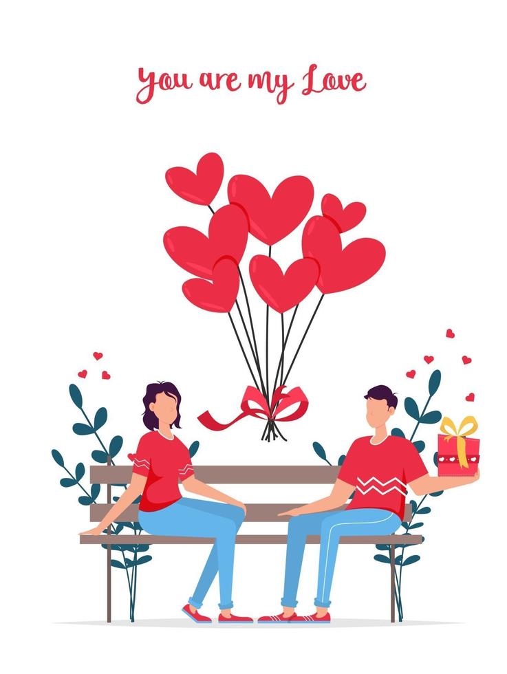 Alla hjärtans dag romantiska dejting presentkort. älskare förhållande två personer. par sitter på bänken. älskande par. vektor