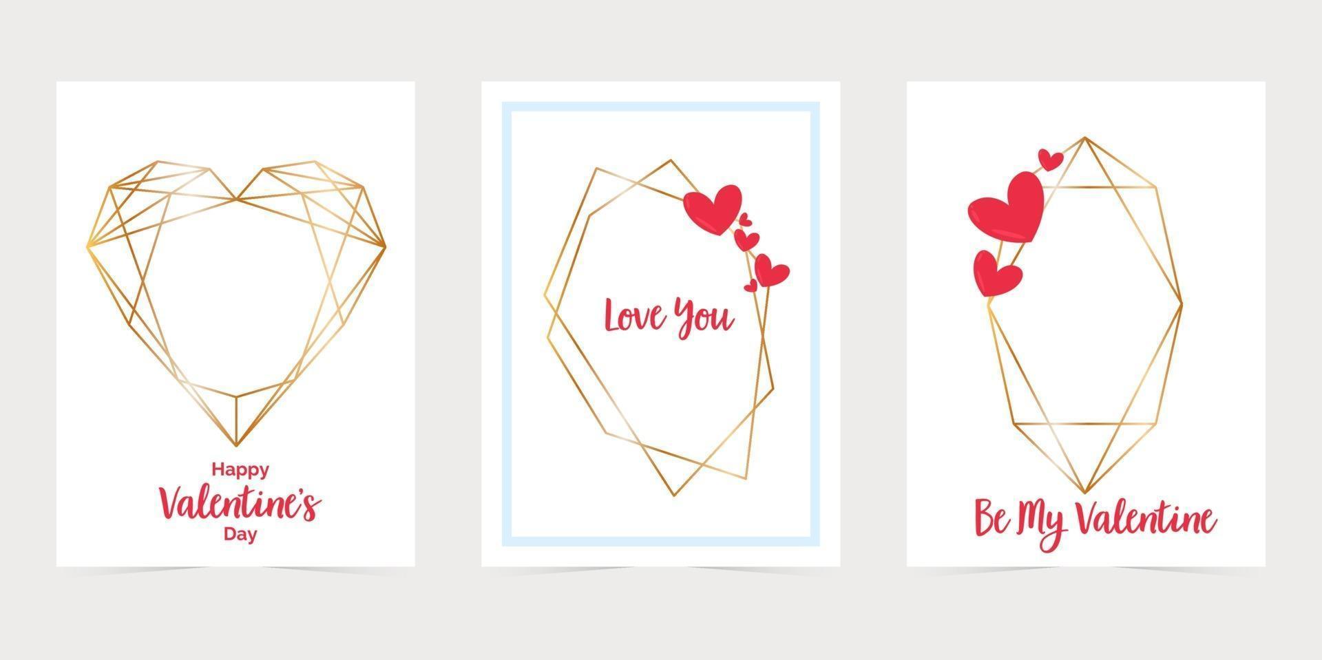Valentinstagskarte mit goldenen Sechseckrahmen. Ich liebe dich Papierkartenumschlag. goldene polygonale Rahmenkarten vektor
