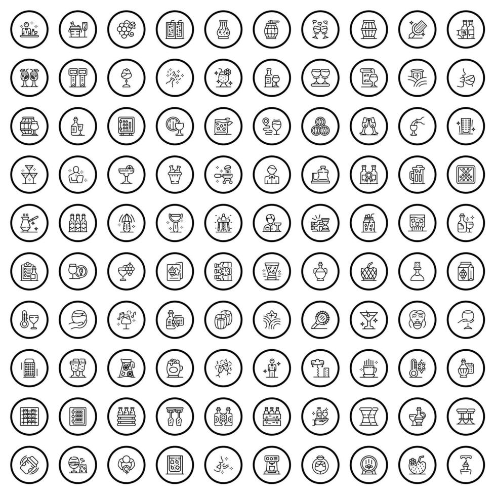 100 Weinsymbole gesetzt, Umrissstil vektor