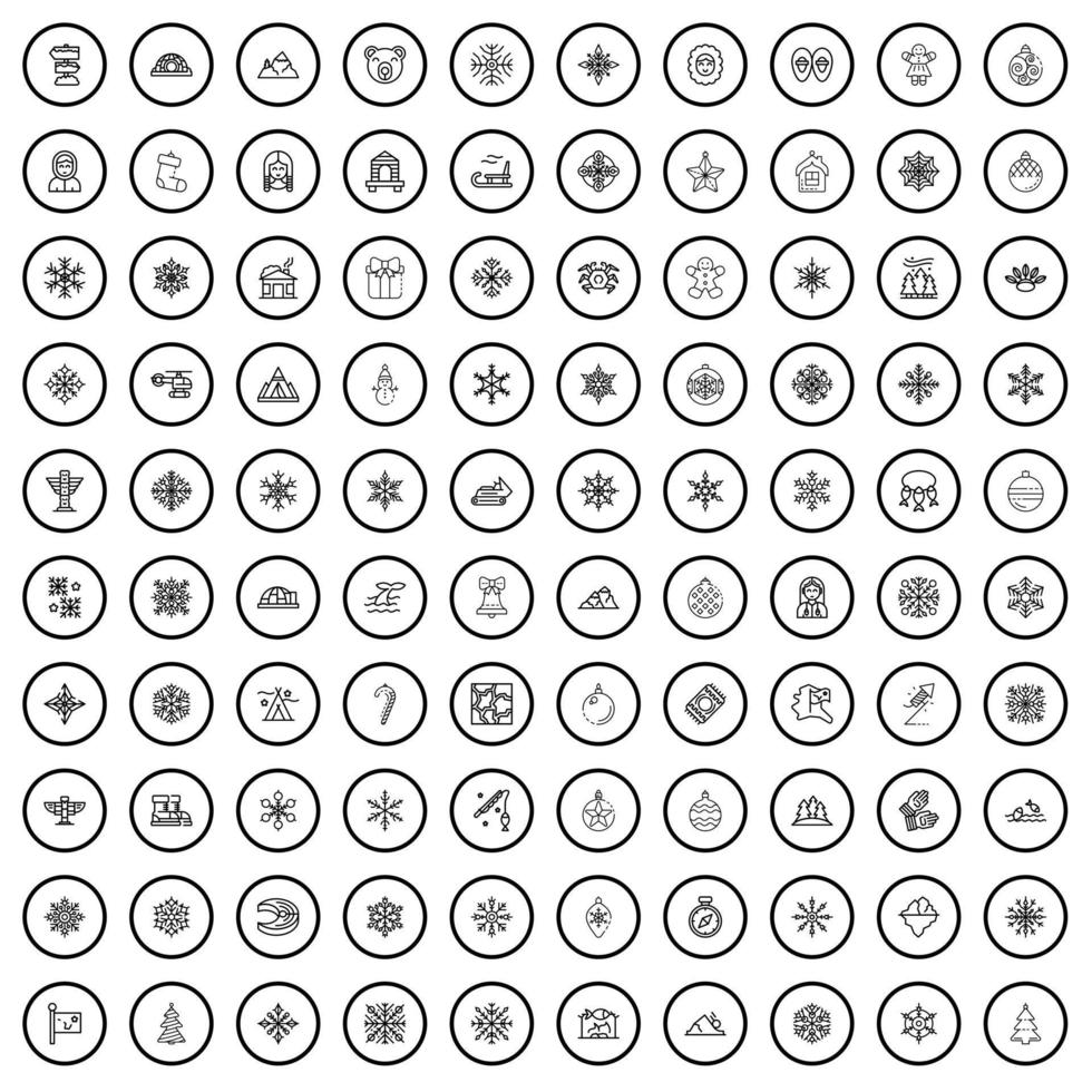 100 Wintersymbole gesetzt, Umrissstil vektor