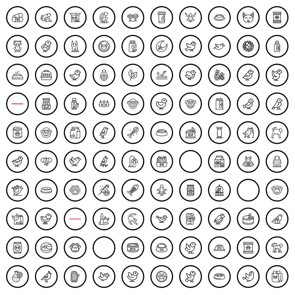 100 Haustiersymbole gesetzt, Umrissstil vektor