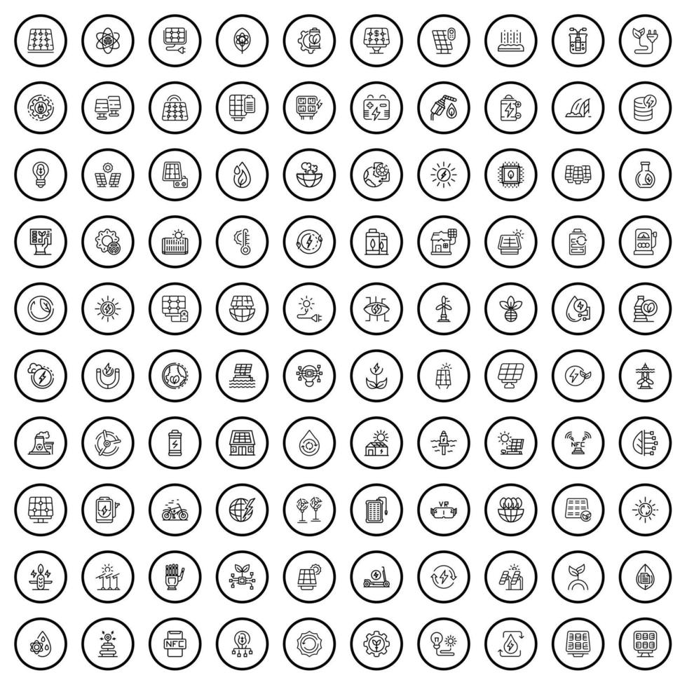 100 sol- energi ikoner uppsättning, översikt stil vektor