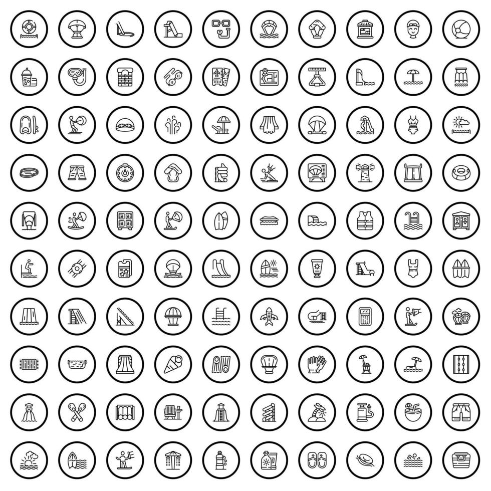 100 Wasser Sport Symbole Satz, Gliederung Stil vektor