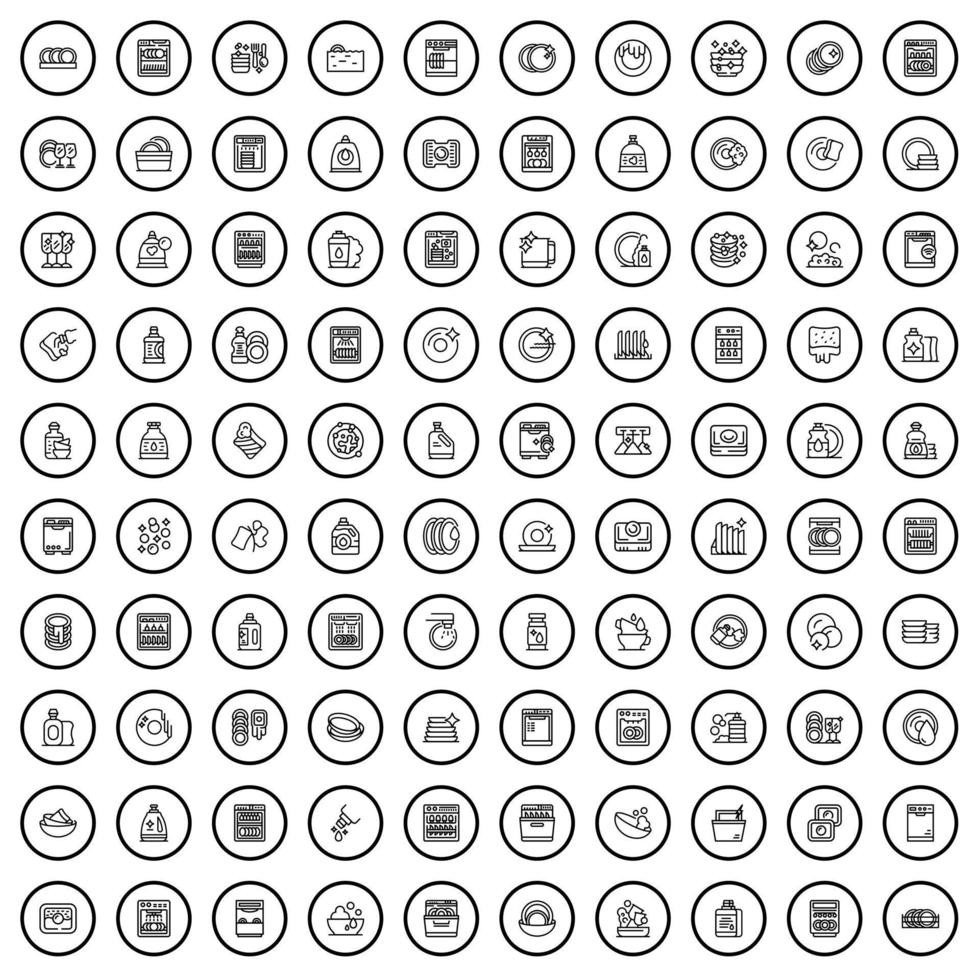 100 Geschirrsymbole gesetzt, Umrissstil vektor