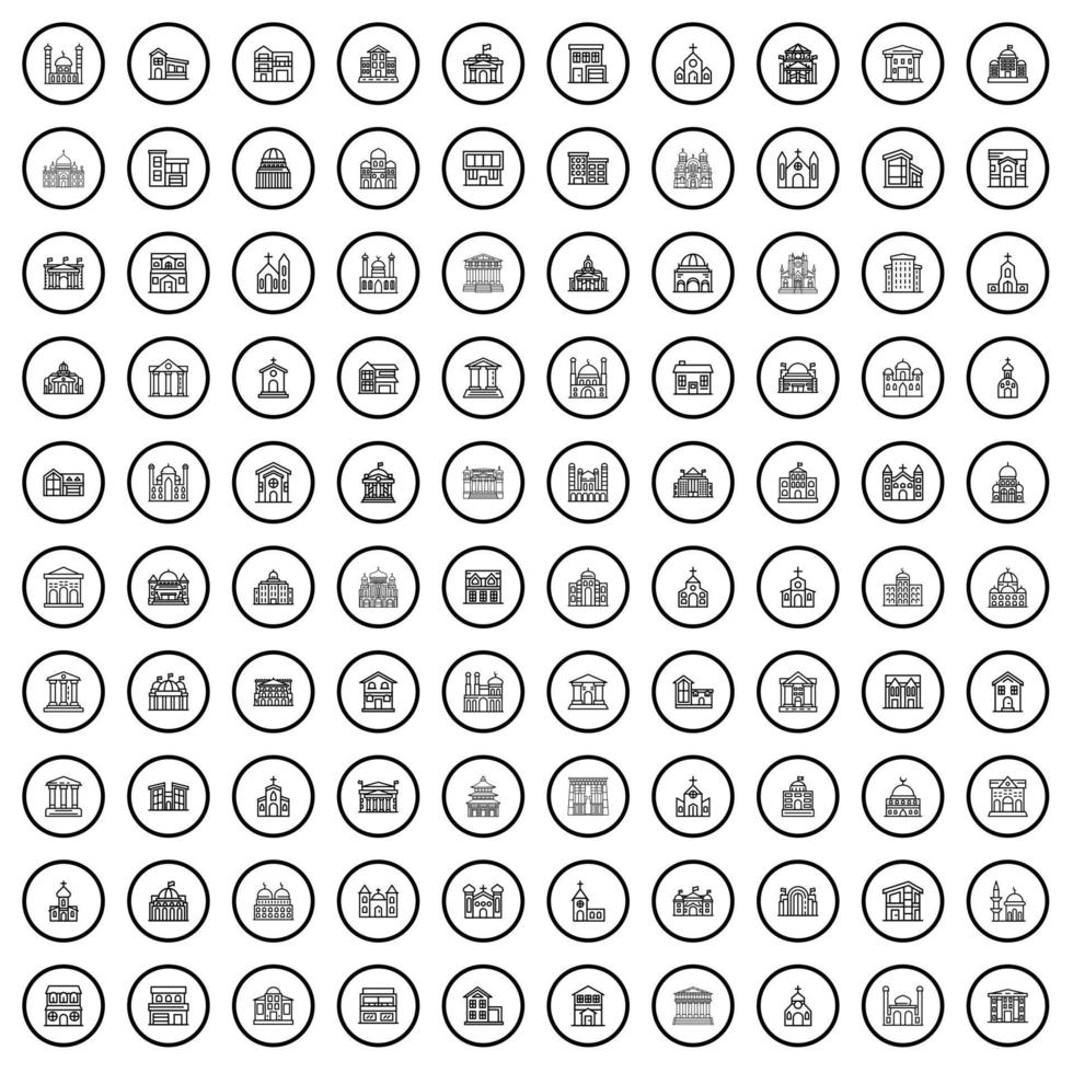 100 Architektursymbole gesetzt, Umrissstil vektor