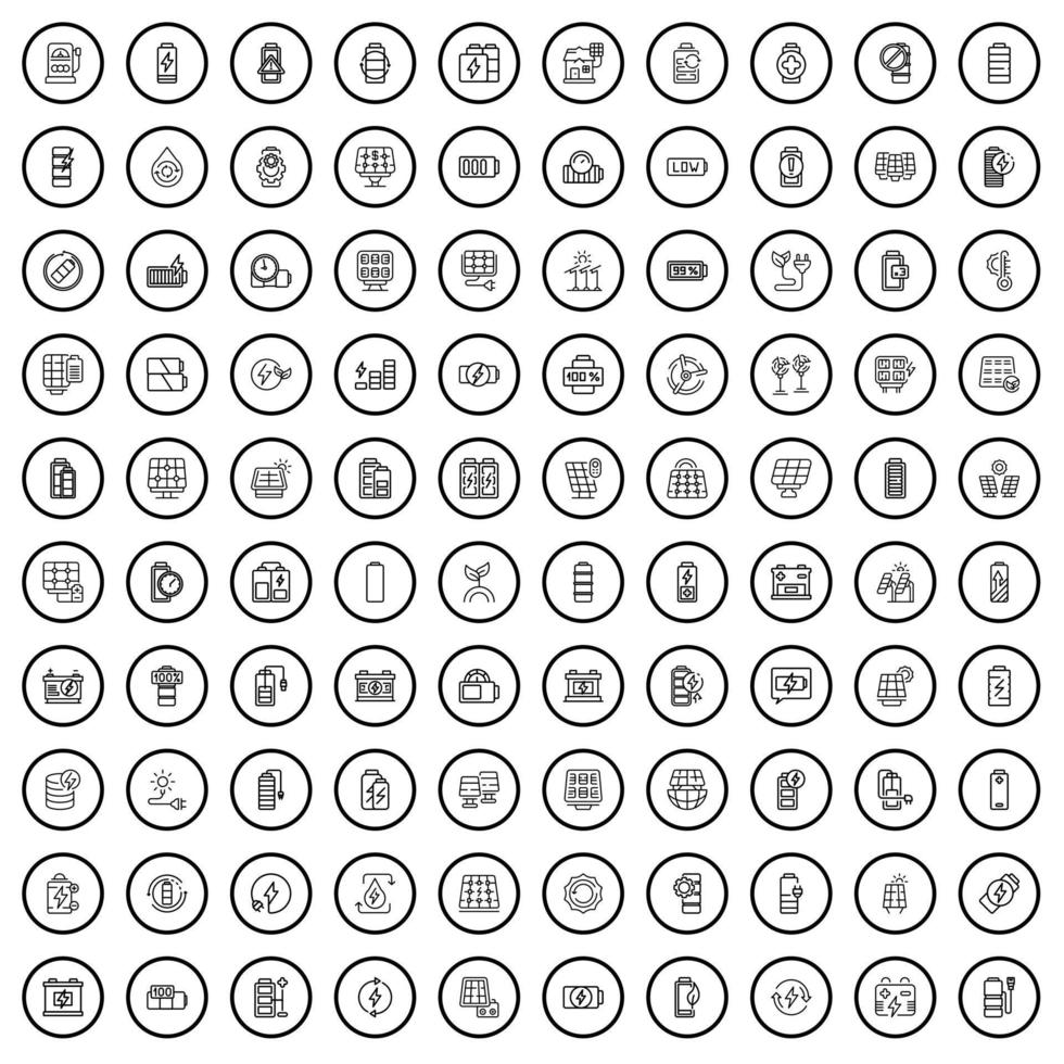 100 batteri ikoner uppsättning, översikt stil vektor
