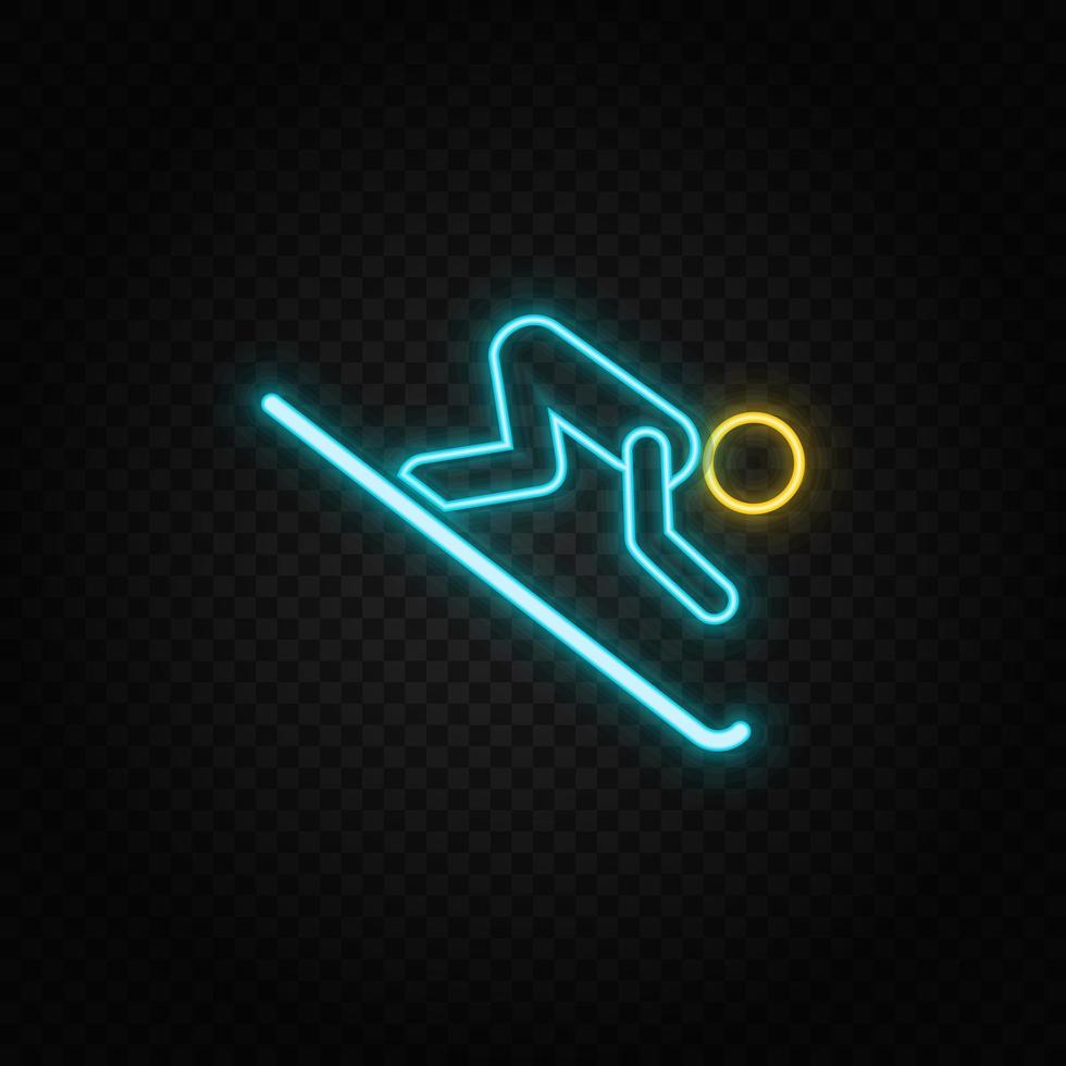 Skifahren Silhouette. Blau und Gelb Neon- Vektor Symbol. transparent Hintergrund.