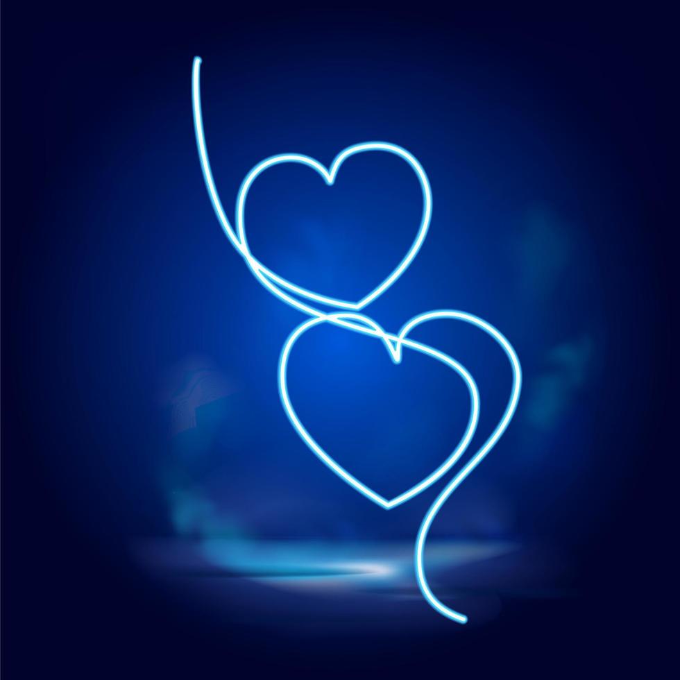 einer Linie Zeichnung zwei Herzen Neon- Vektor Symbol. einer Linie Kunst, Illustration