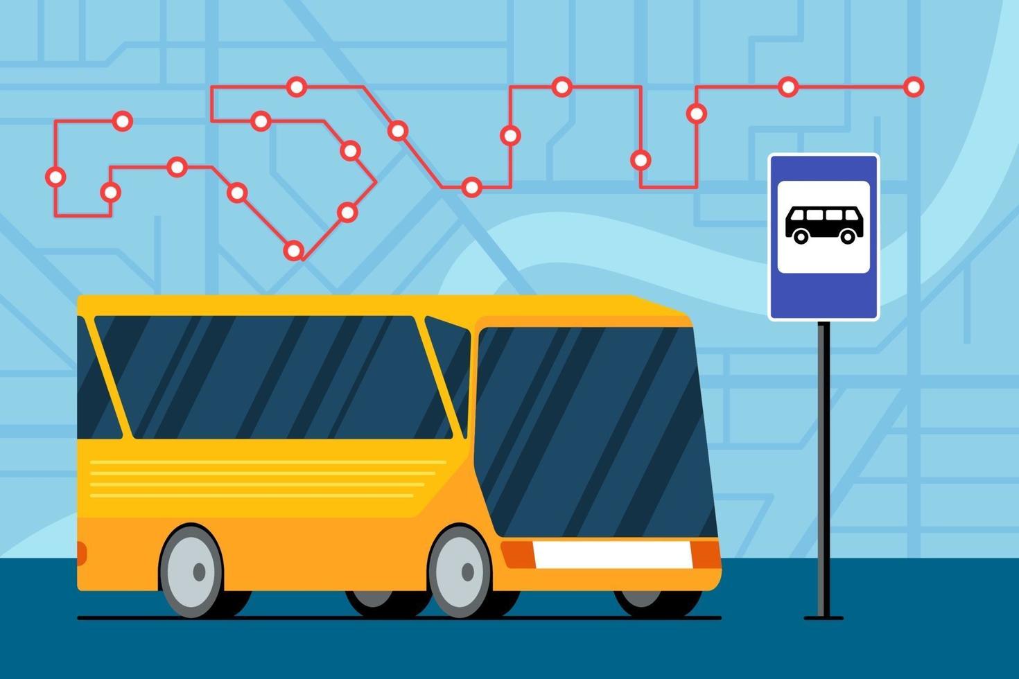 gelber futuristischer Stadttransportbus auf der Straße nahe Bushaltestelle Zeichen auf Karte mit Verkehrsnavigationsroute Standortmarkierungspositionsschema. vektor
