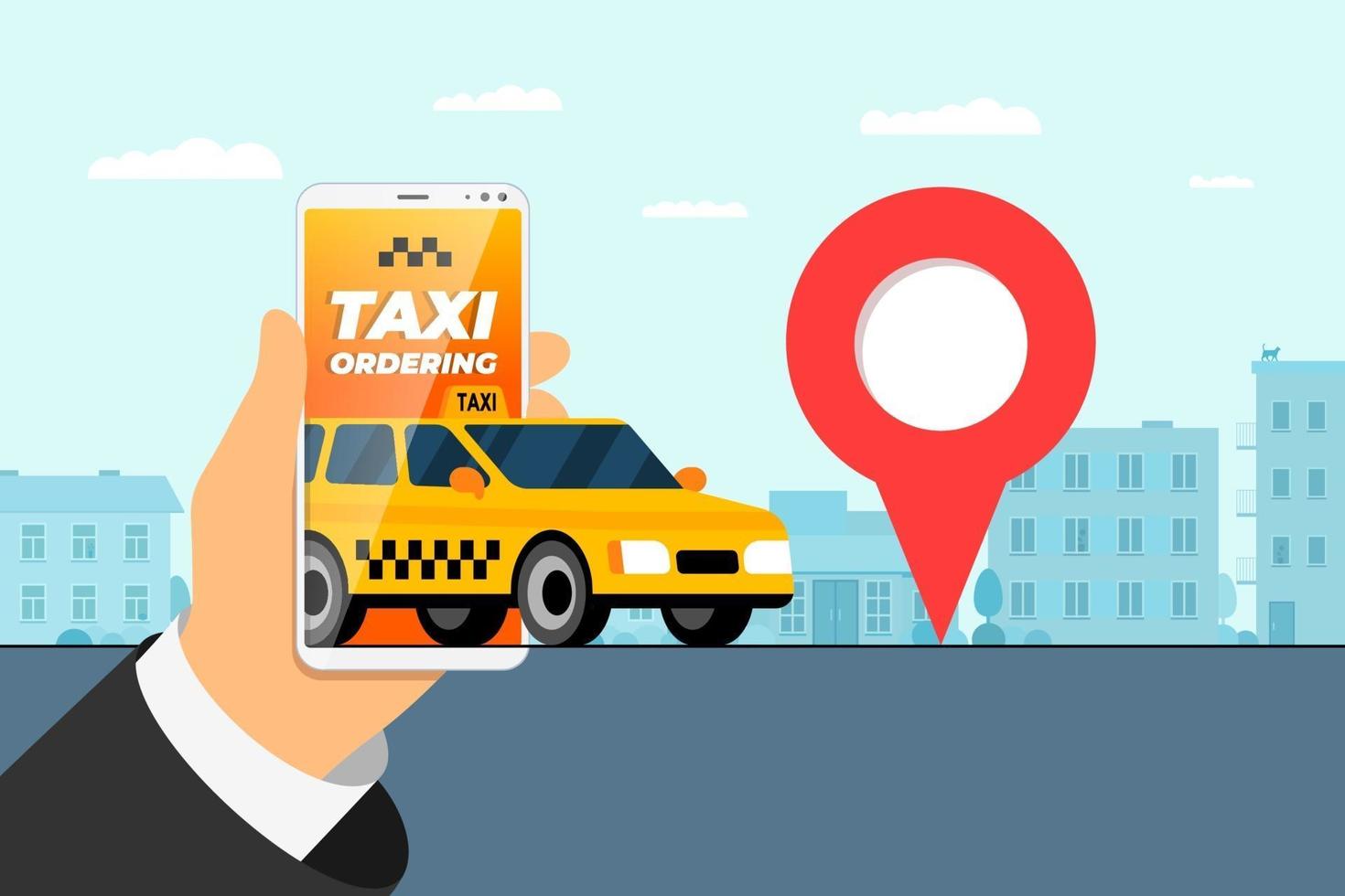 taxi beställning service app koncept. hand som håller smarttelefon med geotaggps platsnål ankomstadress på stadsgatan och gul hytt. vektor