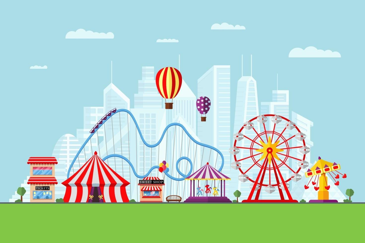 Vergnügungspark mit Zirkus, Karussells, Achterbahn und Attraktionen auf modernem Stadthintergrund. Vergnügungsmesse und Karnevalsthemenlandschaft. Riesenrad und Karussell Festival Vektor Eps Illustration