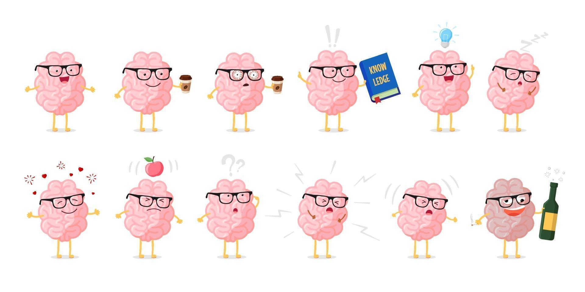 Gehirn Emotionen niedlichen Zeichentrickfilm-Zeichensatz. Bildungs- und Wissenssymbol. gesundes und krankes Organ des menschlichen Zentralnervensystems lustige Sammlung. Vektorillustration vektor