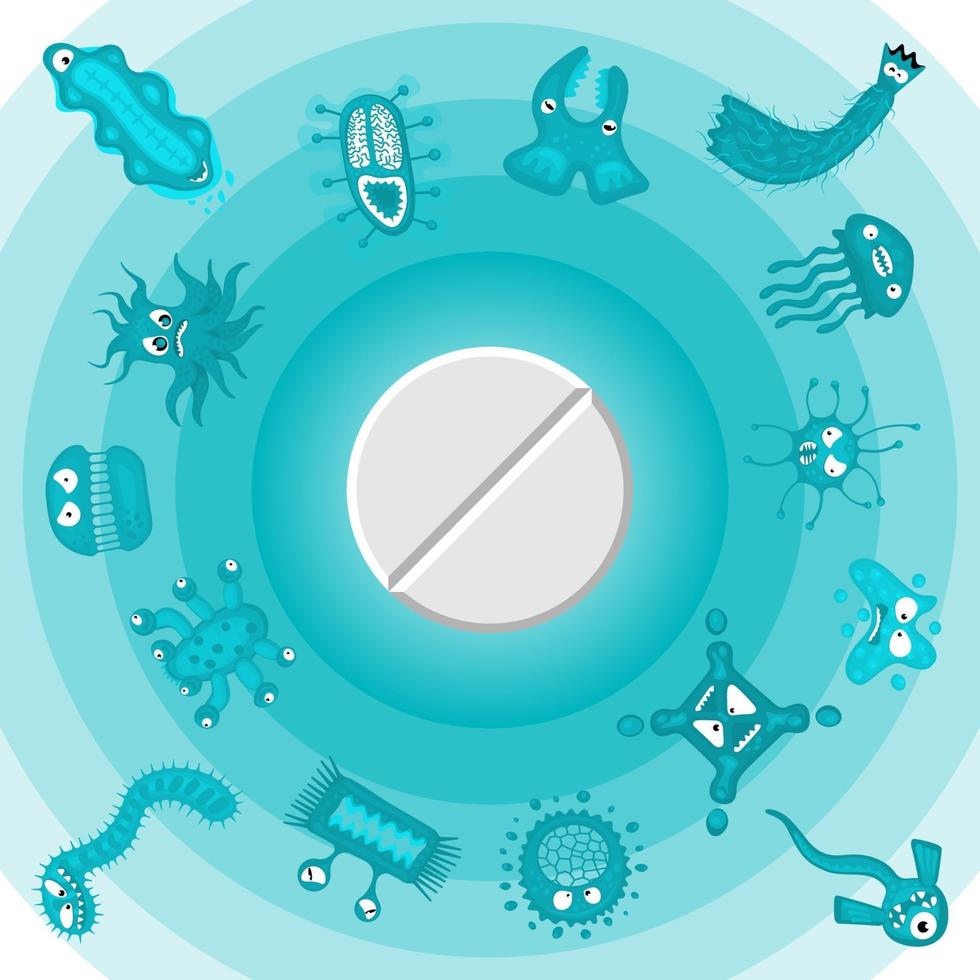 receptbelagda antibiotika tablettpiller och bakterievirus bakteriekaraktärer springer iväg. farmaceutisk läkemedelseffekt och kasta bort sjukdom. antiviral antibakteriell behandling mot antimikrobiell medicin vektor