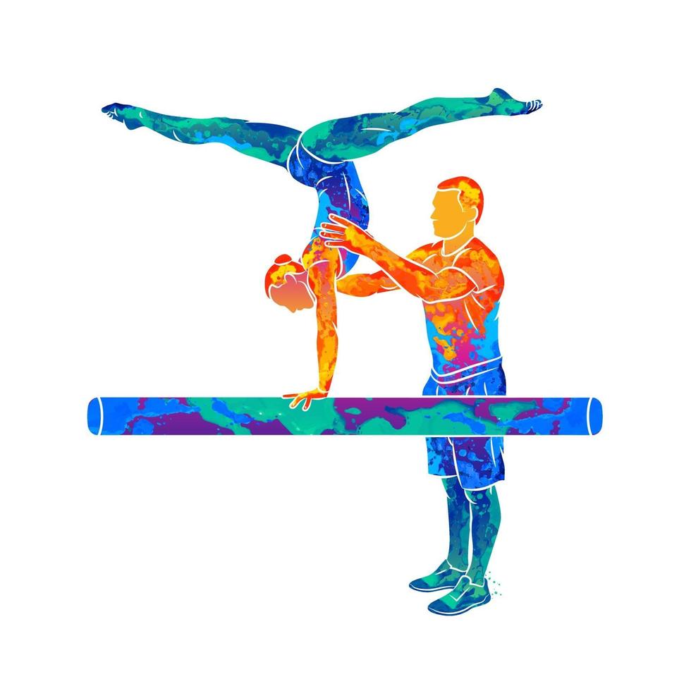 abstrakte Trainerausbildung junger Turner, um auf Gymnastikstrahl vom Spritzen von Aquarellen zu balancieren. Vektorillustration von Farben vektor